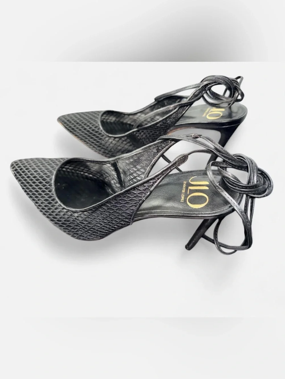 JLO Jennifer Lopez Florella Black Mesh Pump Ankle Tie Heels Size 9